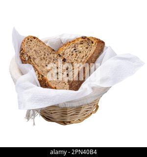 Zwei Scheiben Mehrkornbrot mit Saatgut in einem Korb Stockfoto