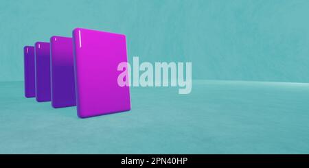 3D-Rendering von glänzenden violetten Formen auf strukturiertem blauem Hintergrund. Stockfoto