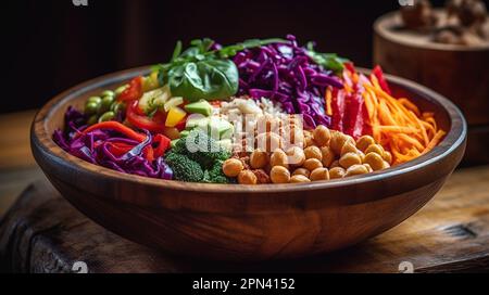 Eine Auswahl an bunten Gemüsesorten wird in Schüsseln auf einem Holztisch angerichtet Stockfoto