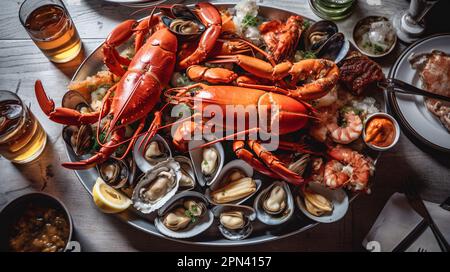 Ein festlicher Tisch mit einer Fülle an Meeresfrüchten, darunter Muscheln und Garnelen, bereit zum Genießen Stockfoto