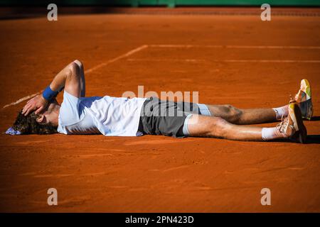Roquebrune-Cap-Martin, Frankreich, Frankreich. 16. April 2023. Andrey RUBLEV aus Russland feiert seinen Sieg am 8. Tag des Tennisturniers Rolex Monte-Carlo Masters 2023, ATP Masters 1000 im Monte-Carlo Country Club am 16. April 2023 in Roquebrune-Cap-Martin, Frankreich. (Kreditbild: © Matthieu Mirville/ZUMA Press Wire) NUR REDAKTIONELLE VERWENDUNG! Nicht für den kommerziellen GEBRAUCH! Stockfoto