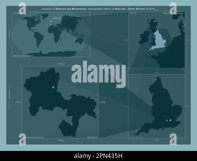 Windsor und Maidenhead, Großstadtbezirk von England - Großbritannien. Diagramm, das die Position der Region auf Karten mit größerem Maßstab zeigt. Komposition Stockfoto