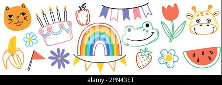 Süßes, handgezeichnetes Kritzelvektorset. Farbenfrohe Sammlung von fröhlichen Tiergesichtern, Früchten, Kritzeleien, Blumen, Regenbogen und Geburtstagselementen. Entwerfen Sie Objekte zur Dekoration oder zum Drucken. Stock Vektor