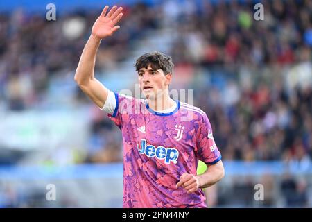 Reggio Emilia, Italien. 16. April 2023. MAPEI Stadium, Reggio Emilia, Italien, 16. April 2023, Tommaso Barbieri (Juventus) bei US Sassuolo gegen Juventus FC – spiel Der italienischen Fußballserie A Credit: Live Media Publishing Group/Alamy Live News Stockfoto