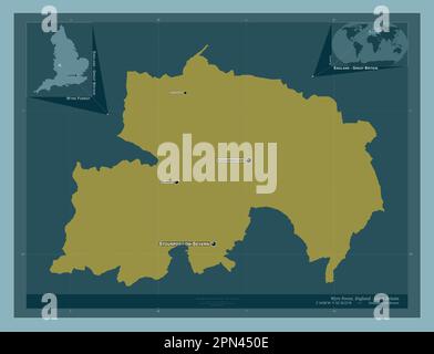 Wyre Forest, nicht städtischer Bezirk von England – Großbritannien. Durchgehende Farbform. Standorte und Namen der wichtigsten Städte der Region. Ecke autokorr Stockfoto