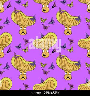 Süßes Pfifferling-Pilz-Muster. Violetter Hintergrund mit fröhlichem Pilz und Schmetterlingen im flachen Retro-Stil. Stock Vektor