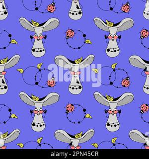 Süßer Krötenhocker mit nahtlosem Muster. Blauer Hintergrund mit Pilzen und Marienkäfern im flachen Retro-Stil. Stock Vektor