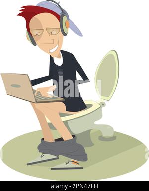 Lächelnder junger Mann, der am Computer arbeitet oder spielt und auf der Toilette sitzt. Stock Vektor