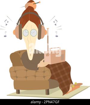 Ich hörte dem Radio zu, alte Frau isoliert. Alte Frau sitzt in einem Sessel und hört Radio Stock Vektor