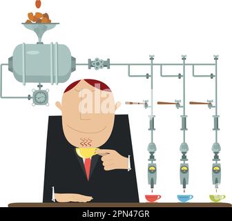 Man trinkt mehrere verschiedene Kaffeesorten aus der Kaffeemaschine mit großer Freude isoliert auf weißer Illustration Stock Vektor