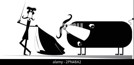 Cartoon-Stierkämpfer und ein Stier-Einzelbild. Cartoon langer Schnurrbart Stierkämpfer hält ein Schwert, Matador Cape und wütenden Stier schwarz auf weiß Stock Vektor
