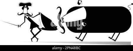 Cartoon-Stierkämpfer und ein Stier-Einzelbild. Cartoon langer Schnurrbart Stierkämpfer hält ein Schwert, Matador Cape und wütenden Stier schwarz auf weiß Stock Vektor