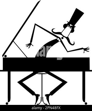Der Cartoon-Schnurrbart-Pianist spielt Musik auf einem Klavier. Ein Herr mit langem Schnurrbart im Hut spielt Musik auf Klavier in Schwarz und Weiß Stock Vektor