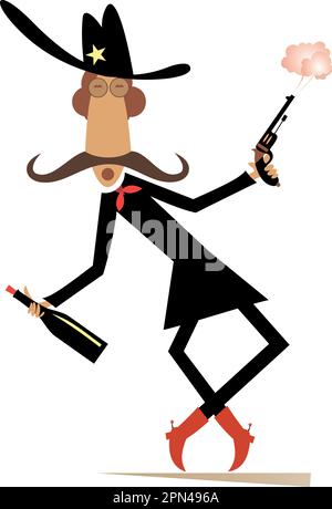 Mann oder Cowboy mit zwei Gewehren. Der Cartoon-Mann trägt einen Stetson, der Waffen in beiden Händen hält, isoliert auf weißer Illustration Stock Vektor