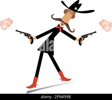 Mann oder Cowboy mit zwei Pistolen Illustration. Laufender Zeichentrickmann trägt einen Stetson hält Waffen in beiden Händen isoliert auf Weiß Stock Vektor