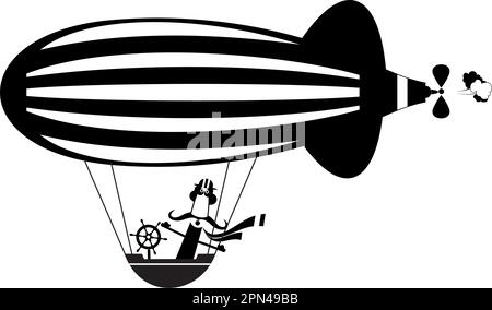 Komischer Schnurrbart auf dem Luftschiff. Der Cartoon-Schnurrbart fliegt auf dem Luftschiff, schwarz auf weiß Stock Vektor