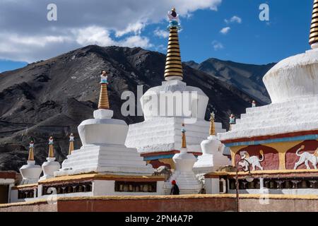 Ein Einheimischer geht vorbei an den Chortens des Lamyuru Klosters, Ladakh, Indien Stockfoto