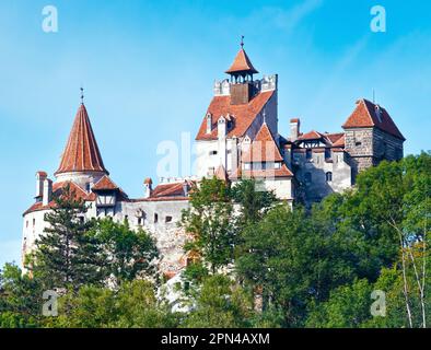 Sommerblick auf Schloss Bran (oder Draculas) (in der Nähe von Brasov, Rumänien). 1212 erbaut. Stockfoto