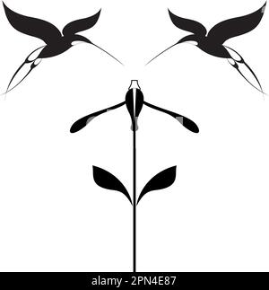 Vögel und Blumen schwarz auf weiß Illustration. Original dekorative Kolibris und Blume Illustration für Design Stock Vektor