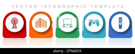 Technologie-Symbolset, flaches Design verschiedene bunte Symbole wie Antenne, Bürogebäude, Laptop, Gamepad, tv-Fernbedienung für webdesign und mobile AP Stock Vektor