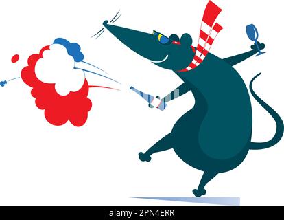 Comic-tanzende Ratte oder Maus hält eine Flasche Wein oder Champagner und ein Weinglas isoliert auf weißer Illustration Stock Vektor