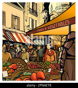 Vektordarstellung des Markts für frisches, gesundes Bio-Obst und Gemüse in Montmatre, Paris - Vektordarstellung (ideal für Druck, Poster oder Wand Stock Vektor