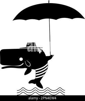 Lustiger Wal im Hut mit Regenschirm-Illustration. Lustiger Wal im Hut mit Schirm ist unter den Wasserwellen schwarz auf weiß Stock Vektor