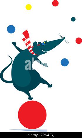 Lustige Ratte oder Maus balanciert auf dem großen Ball und jongliert mit den Bällen isoliert auf der weißen Illustration Stock Vektor