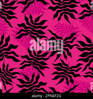 Nahtlose Silhouette mit tropischen Blättern. Trendiges minimalistisches flaches Matiss-Design. Handgezeichnete Vektordarstellung auf magentafarbenem Hintergrund. Textur fo Stock Vektor