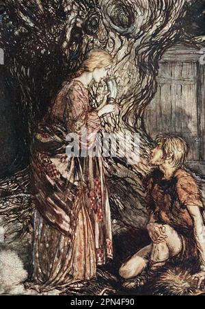 Siegmund und Sieglinde aus Rhinegold (Ring of the Nibelung) – Sieglinde bietet ein Getränk an und Siegmund bittet sie, es sich zuerst auf die Lippen zu legen Stockfoto