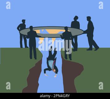 Ein Geschäftsmann reißt durch ein Fangnetz, das von Kollegen gehalten wird, um die Gefahren des Unternehmens zu illustrieren. Stock Vektor