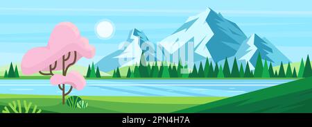Panoramablick auf große Berge, wunderschöne Wiesen und See. Flache Cartoon-Vektorlandschaft Panorama der Frühlingssommer wunderschöne Natur. Stock Vektor