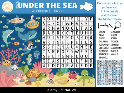 Vector under the Sea, ein Suchrätsel für Kinder. Einfaches Quiz zur Suche nach Wörtern über das Leben im Ozean für Kinder. Wassertiere und Fischlehrgang mit oc Stock Vektor