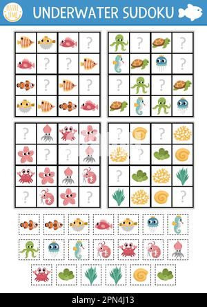 Sudoku-Puzzle „Vector under the Sea“ für Kinder mit Bildern. Einfaches Quiz über das Leben im Ozean mit Schneide- und Kleberelementen. Erziehungsaktivitäten mit Wassertieren und Stock Vektor