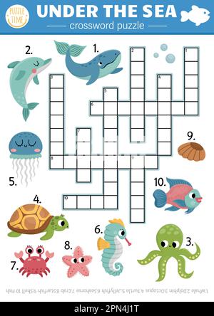 Vector-Unterwasser-Kreuzworträtsel für Kinder. Einfaches Quiz zum Meeresleben für Kinder. Pädagogische Meeresaktivität mit Fischen, Wassertieren, Walen, Stock Vektor