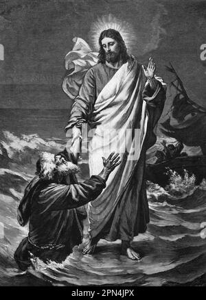 Jesus geht auf dem Wasser, bibel, Neues Testament, Matthew, Kapitel 14, Verse 22-33, historische Illustration 1890 Stockfoto