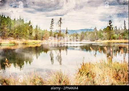 Digitales Aquarellgemälde des Yellowstone River mit rauchigem Himmel von der Fishing Bridge in Yellowstone Stockfoto