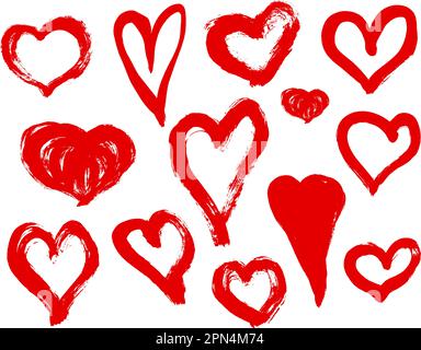 Abstrakte, schwarz strukturierte Striche in Herzform, isoliert auf weißem Hintergrund. Set von handgezeichneten Grunge Hearts isoliert auf weißem Hintergrund. Stock Vektor