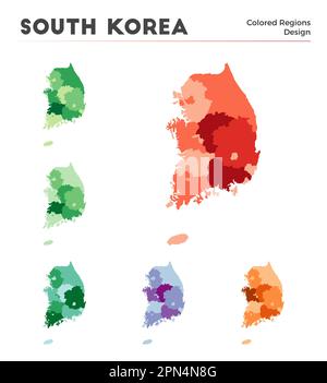 Südkorea Kartensammlung. Grenzen Südkoreas für Ihre Infografik. Farbige Länderregionen. Vektordarstellung. Stock Vektor
