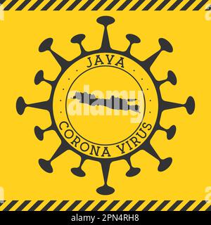 Corona-Virus in Java-Zeichen. Rundes Badge mit Virusform und Java-Map. Gelbe Insel-Epidemie-Lockdown-Stempel. Vektorabbildung. Stock Vektor