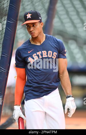 Houston Astros Shortstop Jeremy Pena (3) während des Batting-Trainings vor dem MLB-Spiel zwischen den Texas Ranges und den Houston Astros am Freitag, April Stockfoto