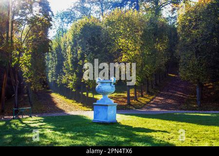 Atemberaubender Blick auf den Garten des Domaine National de Saint-Cloud mit Topfbäumen und blühenden Topfpflanzen wunderschöner Herbst (Ende Oktober) Stockfoto