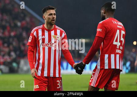 Berlin, Deutschland. 16. April 2023. Berlin, Deutschland. April 16. 2023: Milos Pantovic (32) und Jordan Siebatcheu (45) vom 1.FC Union Berlin während des Spiels Bundesliga - 1. FC Union Berlin gegen VfL Bochum - an der Alten Foersterei. Berlin, Deutschland. (Ryan Sleiman /SPP) Guthaben: SPP Sport Press Photo. Alamy Live News Stockfoto