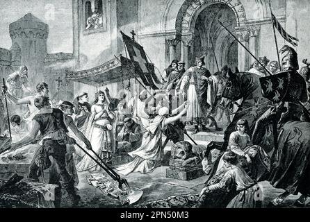 Der Titel von 1906 lautet: "Kaiserin Cunegunde erduldet Tortur durch Feuer. Heinrich II. Hatte eine Frau, die so rein und wahrhaft religiös war wie er selbst. Aber Feinde beschuldigten sie des Verbrechens und sie musste sich einer so genannten Tortur durch Feuer unterziehen. Dies war ein Test der Unschuld, bei dem die Pflugscheren heiß erhitzt wurden und die Angeklagten barfuß über sie gingen; die abergläubische Idee, dass sie, wenn sie unschuldig wäre, unverletzt entkommen würde. Wir sind sicher, dass Cunegunde den Test triumphierend bestanden hat.“ Das Jahr war um die 1000 n. Chr Stockfoto