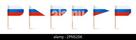 Realistische verschiedene russische Zahnstocher-Flaggen. Souvenir aus Russland. Zahnstocher aus Holz mit Papierfahne. Positionsmarke, Kartenzeiger. Leeres Modell für Stock Vektor