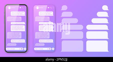 Realistisches Smartphone mit Messaging-App auf farbenfrohem violettem Hintergrund. Leerer SMS-Textrahmen. Chatbildschirm mit transparenten Bubbles für Nachrichten. Sozial Stock Vektor