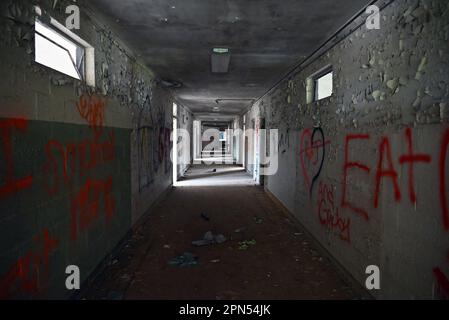 Ein dunkler Flur gefüllt mit Graffiti und schälender Farbe in einer Schule, die seit 2001 verlassen wurde. Stockfoto