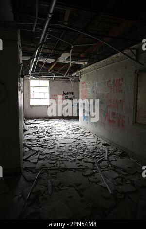 Ein dunkler Flur gefüllt mit Graffiti und Trümmern von einer fallenden Decke in einer seit 2001 aufgegebenen Schule. Stockfoto