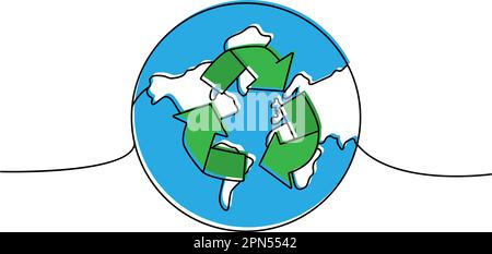 Erde mit Recycling-Symbol, einzeilige durchgehende Zeichnung. Recycling von Abfällen, Ökologie kontinuierliche, einzeilige, farbenfrohe Illustration. Stock Vektor