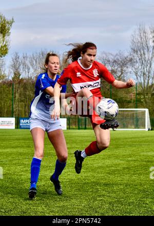 Teesside, Großbritannien. 16. April 2023. Anna Wuerfel von Middlesbrough spielte den FC Middlesbrough Women in der FA Women's National League Division One North. Die Besucher gewannen 0-2 im Map Group UK Stadium in Stockton-on-Tees trotz einer guten Leistung aus der Heimat. Kredit: Teesside Snapper/Alamy Live News Stockfoto